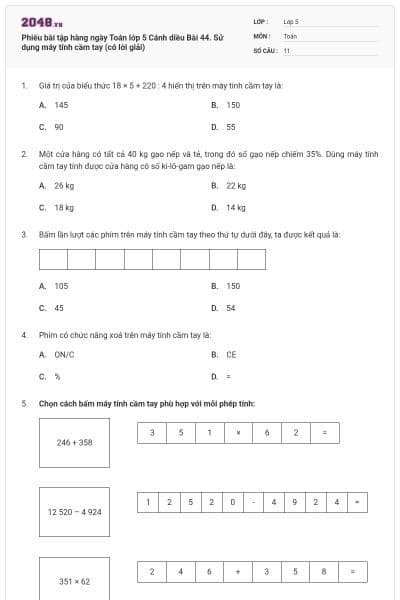 Phiếu bài tập hàng ngày Toán lớp 5 Cánh diều Bài 44. Sử dụng máy tính cầm tay (có lời giải)