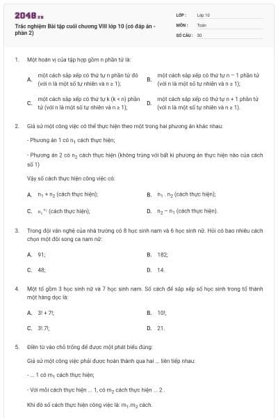 Trắc nghiệm Bài tập cuối chương VIII lớp 10 (có đáp án - phần 2)