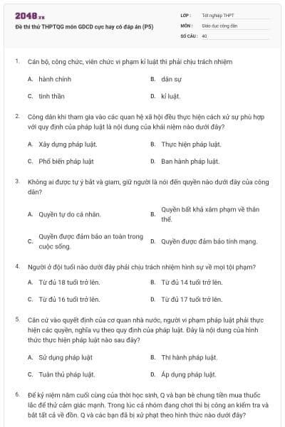 Đề thi thử THPTQG môn GDCD cực hay có đáp án (P5)