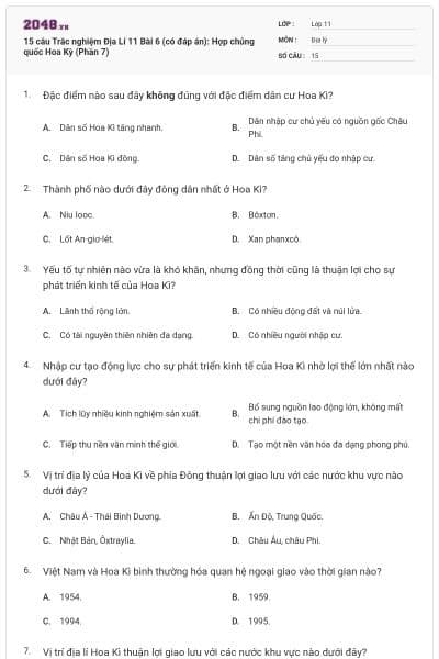 15 câu  Trắc nghiệm Địa Lí 11 Bài 6 (có đáp án): Hợp chủng quốc Hoa Kỳ (Phần 7)