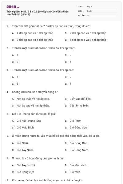 Trắc nghiệm Địa Lí 6 Bài 22: (có đáp án) Các đới khí hậu trên Trái Đất (phần 2)