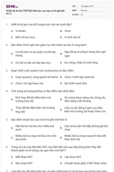 30 Bộ đề thi thử THPTQG Sinh học cực hay có lời giải (Đề số 1)