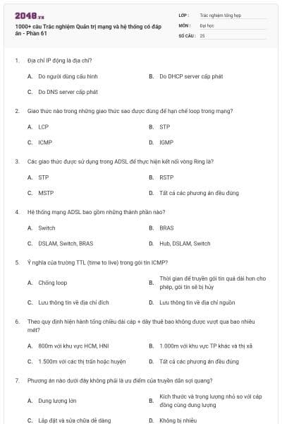 1000+ câu Trắc nghiệm Quản trị mạng và hệ thống có đáp án - Phần 61