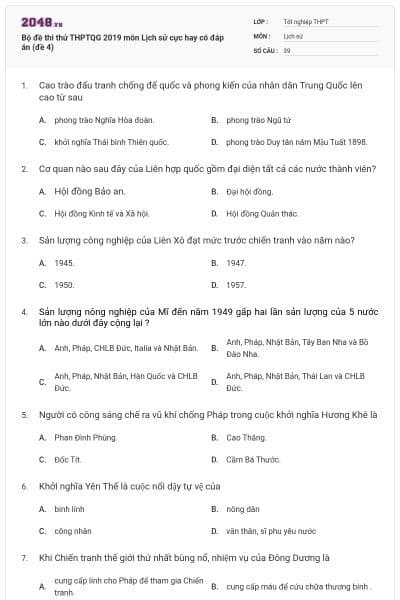 Bộ đề thi thử THPTQG 2019 môn Lịch sử cực hay có đáp án (đề 4)