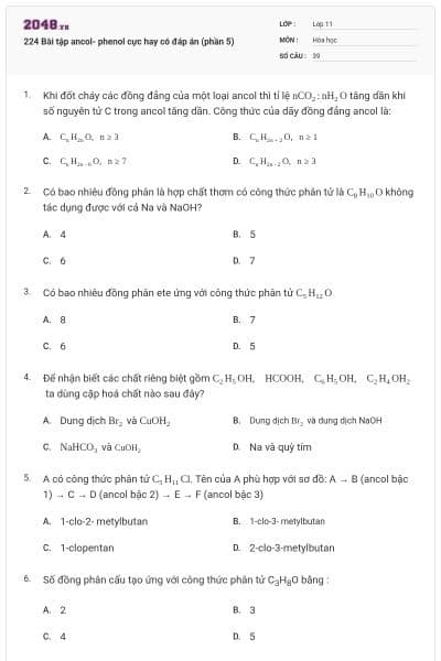 224 Bài tập ancol- phenol cực hay có đáp án (phần 5)