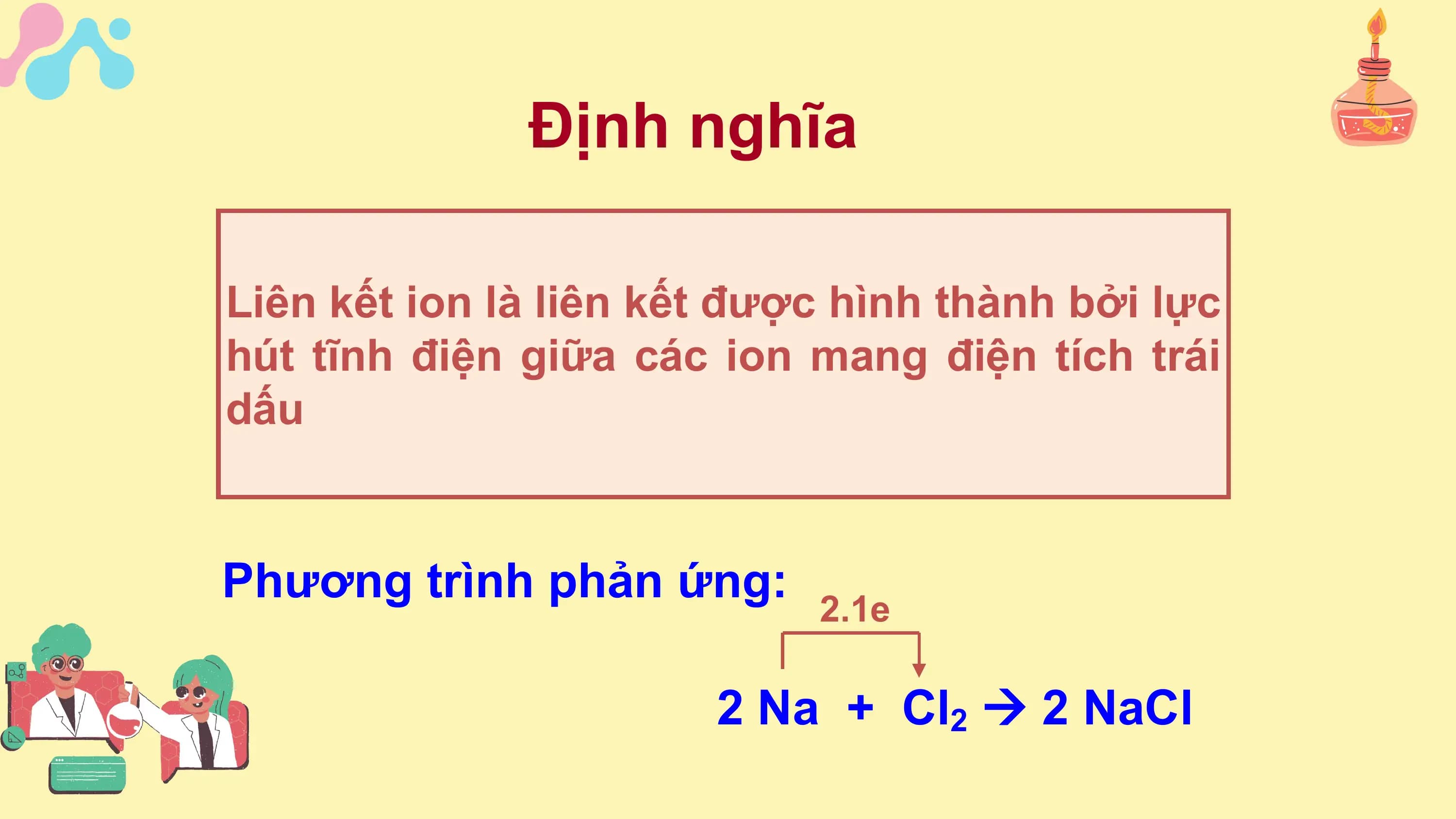 Định nghĩa

Liên kết ion là liên kết được hình thành bởi lực
hút tĩnh điện giữa các ion mang điện tích trái
dấu

Phương trình phản ứng: 2.1e

 2 Na + Cl2  2 NaCl