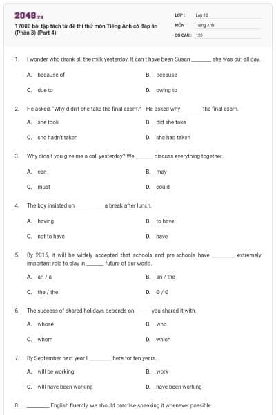 17000 bài tập tách từ đề thi thử môn Tiếng Anh có đáp án (Phần 3) (Part 4)