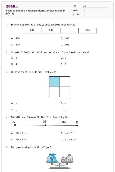 Bộ 20 đề thi học kì 1 Toán lớp 3 Kết nối tri thức có đáp án (Đề 19)