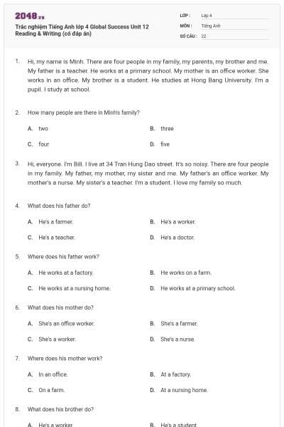Trắc nghiệm Tiếng Anh lớp 4 Global Success Unit 12 Reading & Writing (có đáp án)