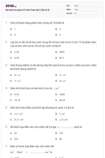 Bài kiểm tra giữa kì II môn Toán lớp 5 (Đề số 4)