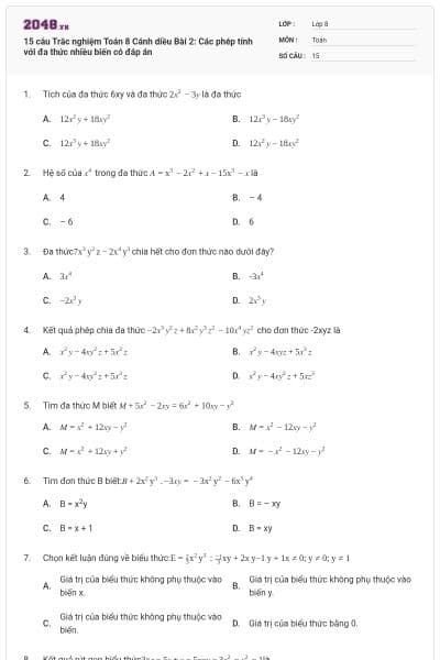 15 câu Trắc nghiệm Toán 8 Cánh diều Bài 2: Các phép tính với đa thức nhiều biến có đáp án