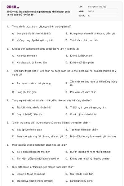 1000+ câu Trắc nghiệm Đàm phán trong kinh doanh quốc tế (có đáp án) - Phần 15