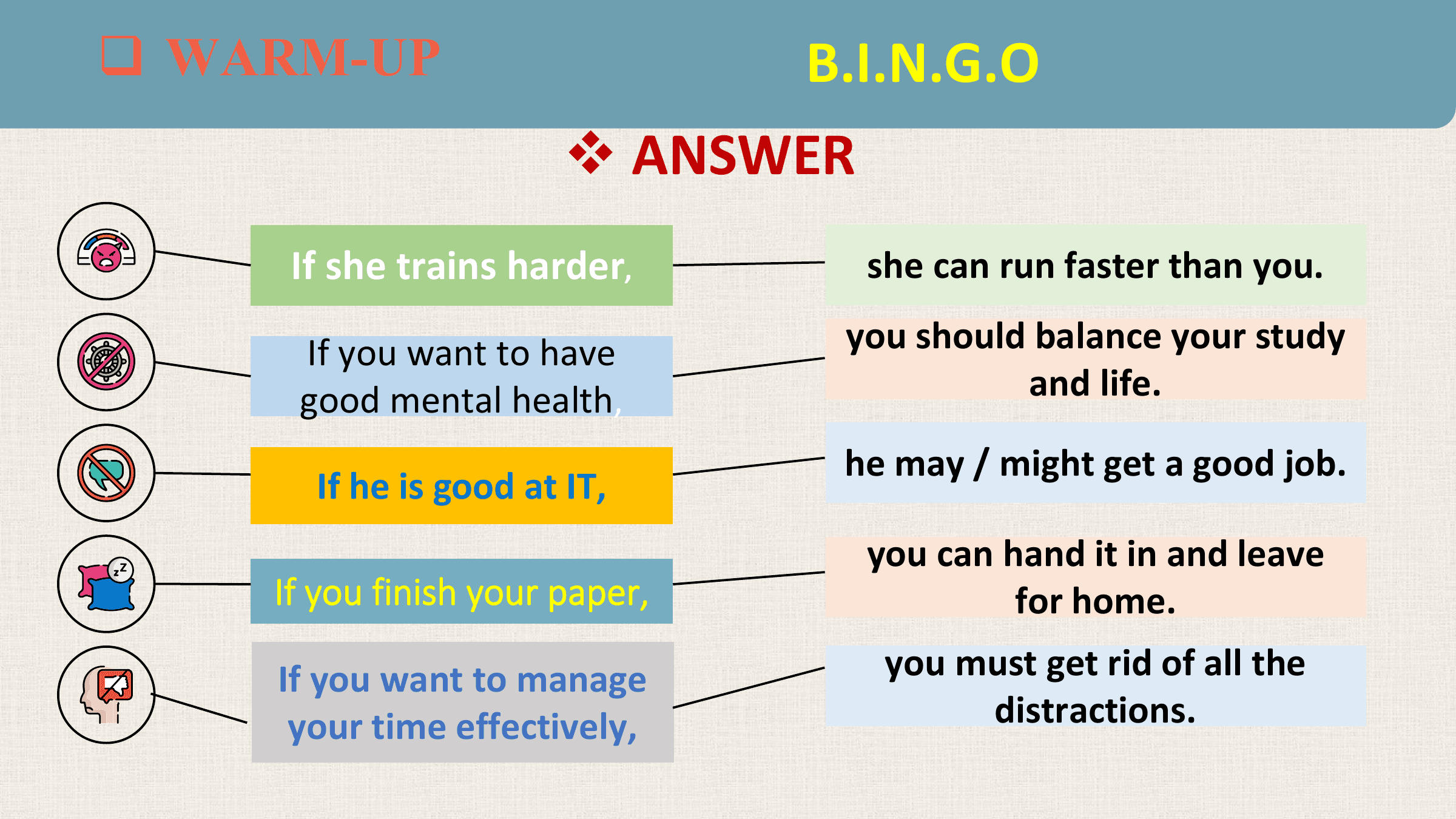 WARM-UP
 q WARM-UP
WARM-UP B.I.N.G.O
 v ANSWER
 If she trains harder, she can run faster than you.

 If you want to have you should balance your study
 good mental health, and life.

 he may / might get a good job.
 If he is good at IT,
 you can hand it in and leave
 If you finish your paper, for home.
 If you want to manage you must get rid of all the
 your time effectively, distractions.