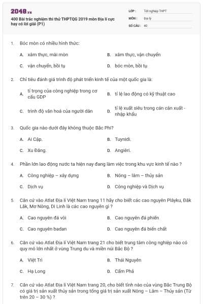 400 Bài trắc nghiệm thi thử THPTQG 2019 môn Địa lí cực hay có lời giải (P1)