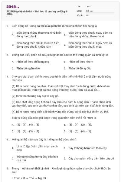 512 Bài tập Hệ sinh thái - Sinh học 12 cực hay có lời giải (P20)