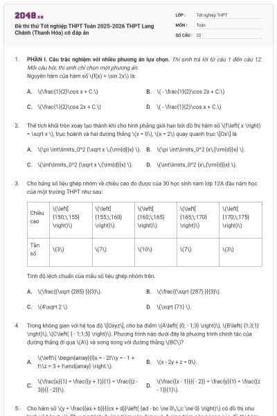Đề thi thử Tốt nghiệp THPT Toán 2025-2026 THPT Lang Chánh (Thanh Hóa) có đáp án