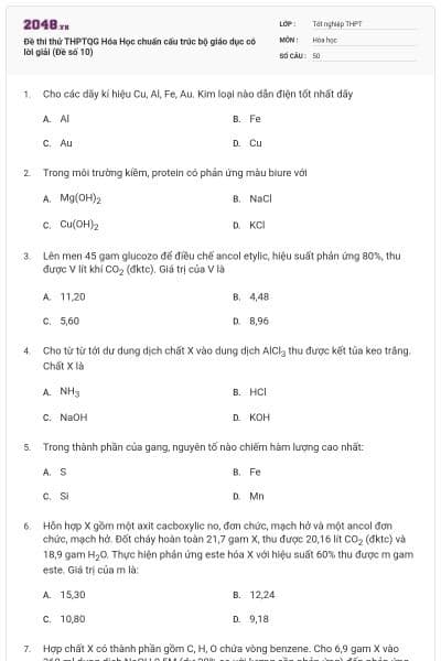 Đề thi thử THPTQG Hóa Học chuẩn cấu trúc bộ giáo dục có lời giải (Đề số 10)