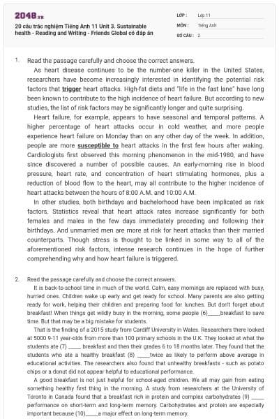 20 câu trắc nghiệm Tiếng Anh 11 Unit 3. Sustainable health - Reading and Writing - Friends Global có đáp án