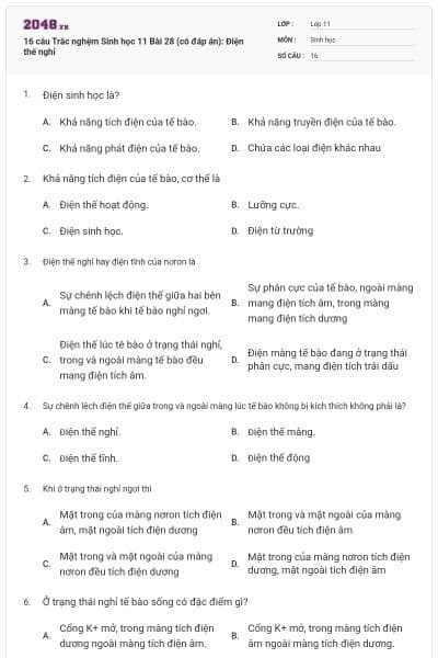 16 câu  Trắc nghệm Sinh học 11 Bài 28 (có đáp án): Điện thế nghỉ