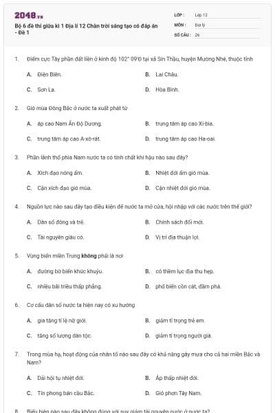 Bộ 6 đề thi giữa kì 1 Địa lí 12 Chân trời sáng tạo có đáp án - Đề 1