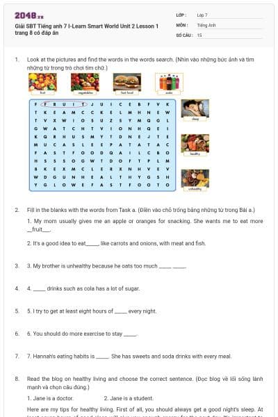 Giải SBT Tiếng anh 7 I-Learn Smart World Unit 2 Lesson 1 trang 8 có đáp án