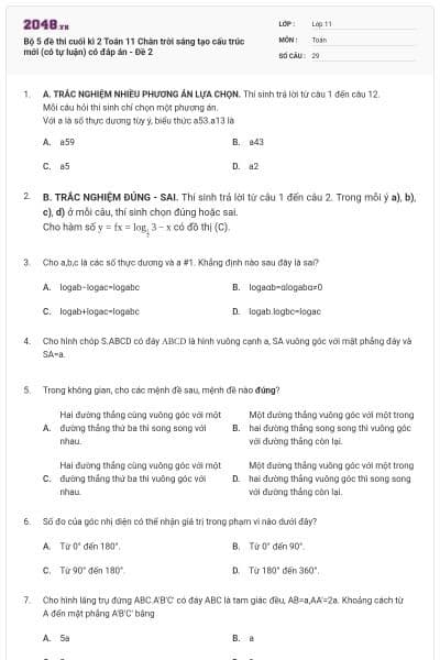 Bộ 5 đề thi cuối kì 2 Toán 11 Chân trời sáng tạo cấu trúc mới (có tự luận) có đáp án - Đề 2
