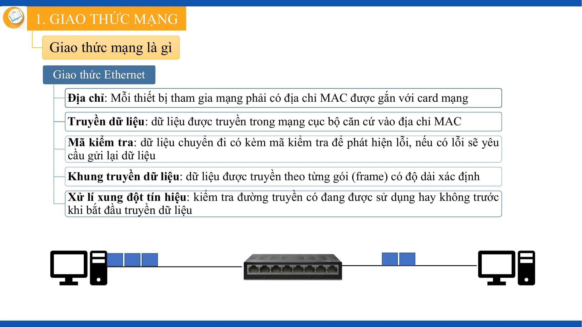 1. GIAO THỨC MẠNG
 Giao thức mạng là gì
 Giao thức Ethernet
 Địa chỉ: Mỗi thiết bị tham gia mạng phải có địa chỉ MAC được gắn với card mạng
 Truyền dữ liệu: dữ liệu được truyền trong mạng cục bộ căn cứ vào địa chỉ MAC
 Mã kiểm tra: dữ liệu chuyển đi có kèm mã kiểm tra để phát hiện lỗi, nếu có lỗi sẽ yêu
 cầu gửi lại dữ liệu
 Khung truyền dữ liệu: dữ liệu được truyền theo từng gói (frame) có độ dài xác định
 Xử lí xung đột tín hiệu: kiểm tra đường truyền có đang được sử dụng hay không trước
 khi bắt đầu truyền dữ liệu