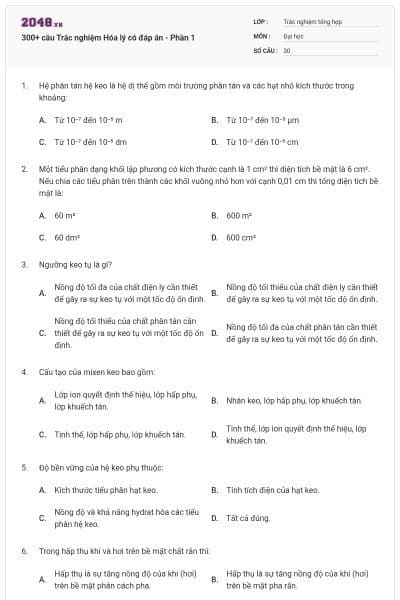 300+ câu Trắc nghiệm Hóa lý có đáp án - Phần 1