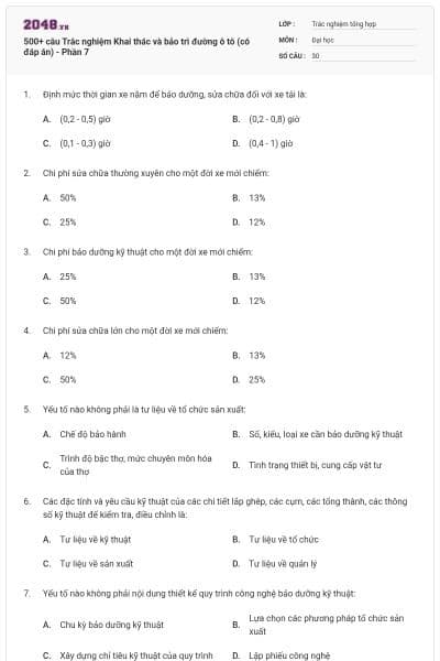 500+ câu Trắc nghiệm Khai thác và bảo trì đường ô tô (có đáp án) - Phần 7