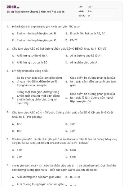 Bài tập Trắc nghiệm Chương 3 Hình học 7 có đáp án
