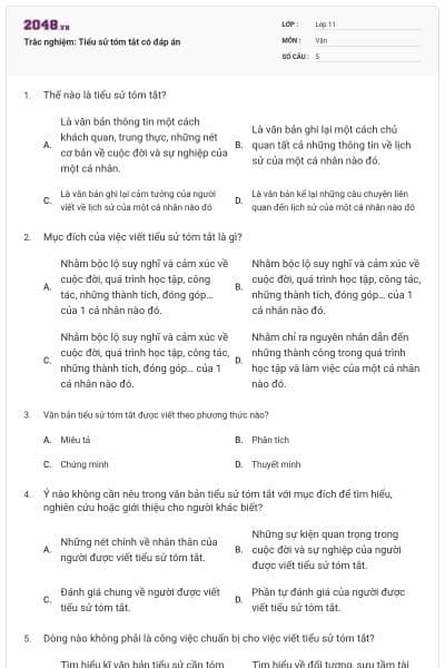 Trắc nghiệm: Tiểu sử tóm tắt có đáp án