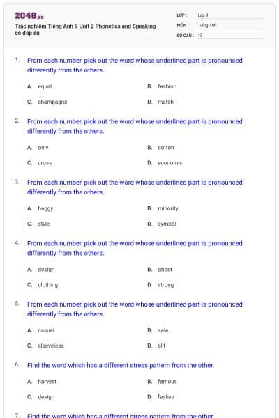 Trắc nghiệm Tiếng Anh 9 Unit 2 Phonetics and Speaking có đáp án