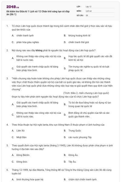 Đề kiểm tra Giữa kì 1 Lịch sử 12 Chân trời sáng tạo có đáp án (Đề 1)