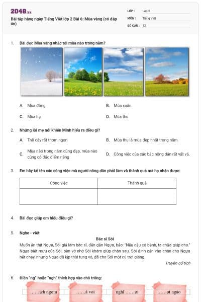 Bài tập hàng ngày Tiếng Việt lớp 2 Bài 6: Mùa vàng (có đáp án)