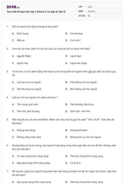 Top 5 Đề thi Đạo Đức lớp 3 Giữa kì 2 có đáp án (Đề 4)