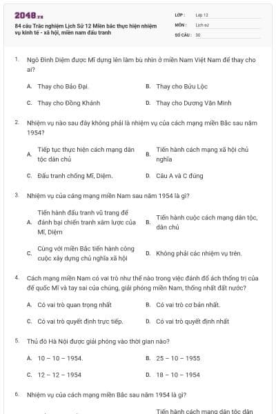 84 câu Trắc nghiệm Lịch Sử 12 Miền bắc thực hiện nhiệm vụ kinh tế - xã hội, miền nam đấu tranh