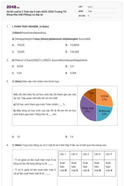 Đề thi cuối kì 2 Toán lớp 5 năm 2025-2026 Trường TH Đồng Hòa (Hải Phòng) có đáp án