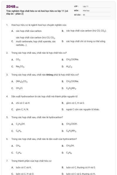 Trắc nghiệm Hợp chất hữu cơ và hoá học hữu cơ lớp 11 (có đáp án - phần 2)