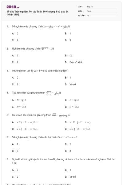 15 câu  Trắc nghiệm Ôn tập Toán 10 Chương 3 có đáp án (Nhận biết)