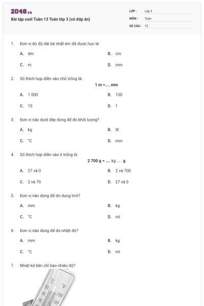 Bài tập cuối Tuần 13 Toán lớp 3 (có đáp án)