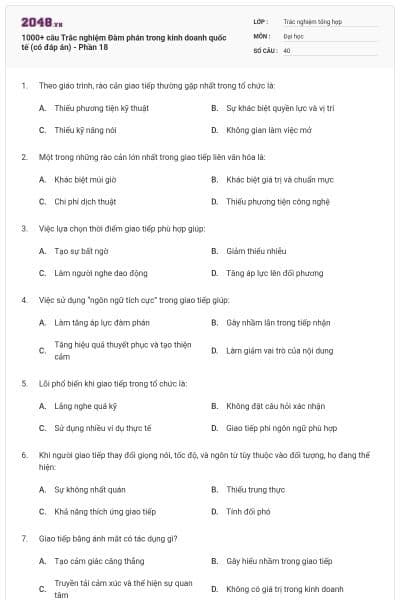1000+ câu Trắc nghiệm Đàm phán trong kinh doanh quốc tế (có đáp án) - Phần 18