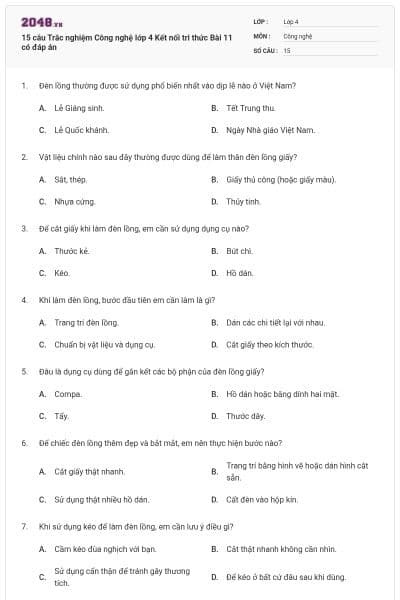 15 câu Trắc nghiệm Công nghệ lớp 4 Kết nối tri thức Bài 11 có đáp án