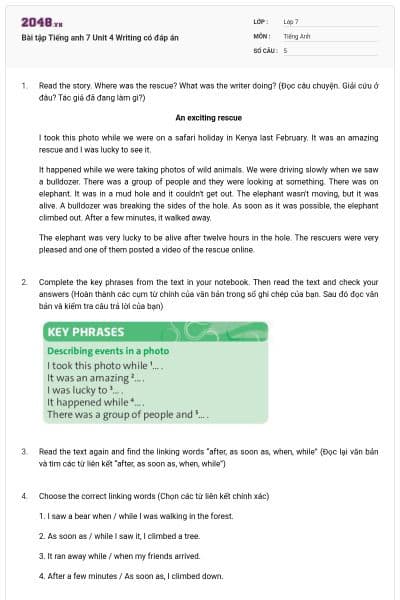 Bài tập Tiếng anh 7 Unit 4 Writing có đáp án