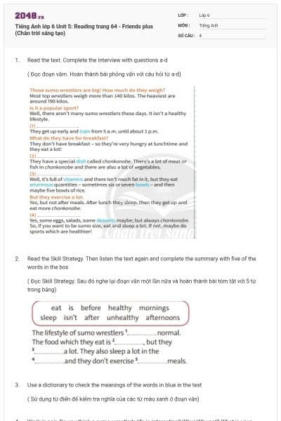 Tiếng Anh lớp 6 Unit 5: Reading trang 64 - Friends plus (Chân trời sáng tạo)