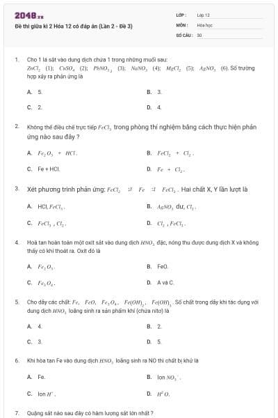 Đề thi giữa kì 2 Hóa 12 có đáp án (Lần 2 - Đề 3)