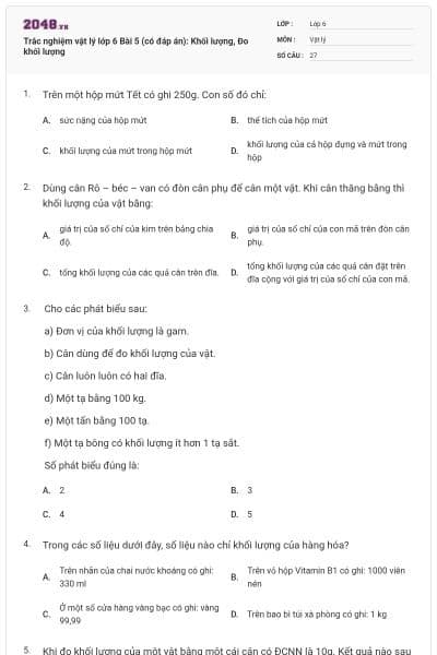 Trắc nghiệm vật lý lớp 6 Bài 5 (có đáp án): Khối lượng, Đo khối lượng