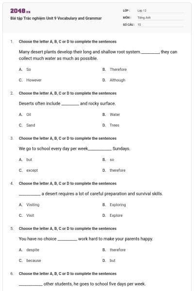 Bài tập Trắc nghiệm Unit 9 Vocabulary and Grammar