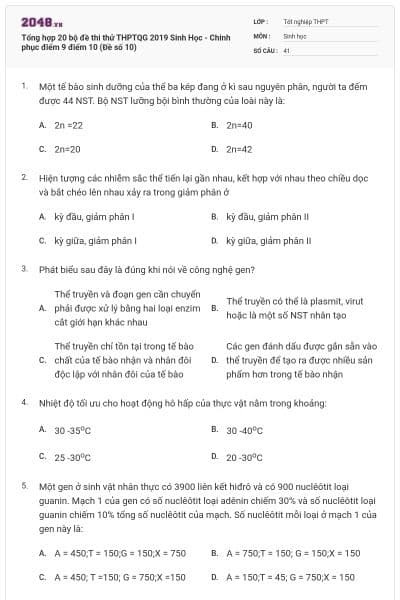 Tổng hợp 20 bộ đề thi thử THPTQG 2019 Sinh Học - Chinh phục điểm 9 điểm 10 (Đề số 10)