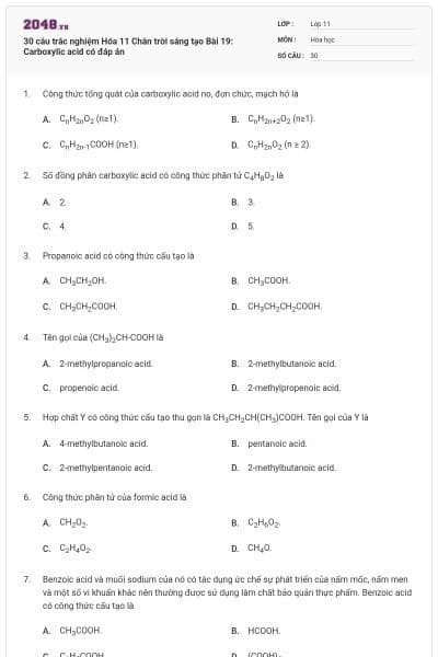 30 câu trắc nghiệm Hóa 11 Chân trời sáng tạo Bài 19: Carboxylic acid có đáp án