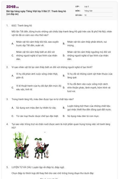 Bài tập hàng ngày Tiếng Việt lớp 5 Bài 27. Tranh làng hồ (có đáp án)
